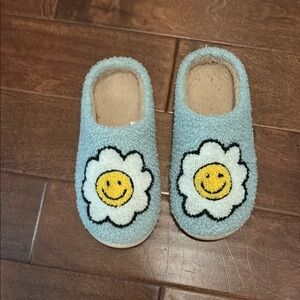 Blue Fuzzy Slippers with Smiley Flower